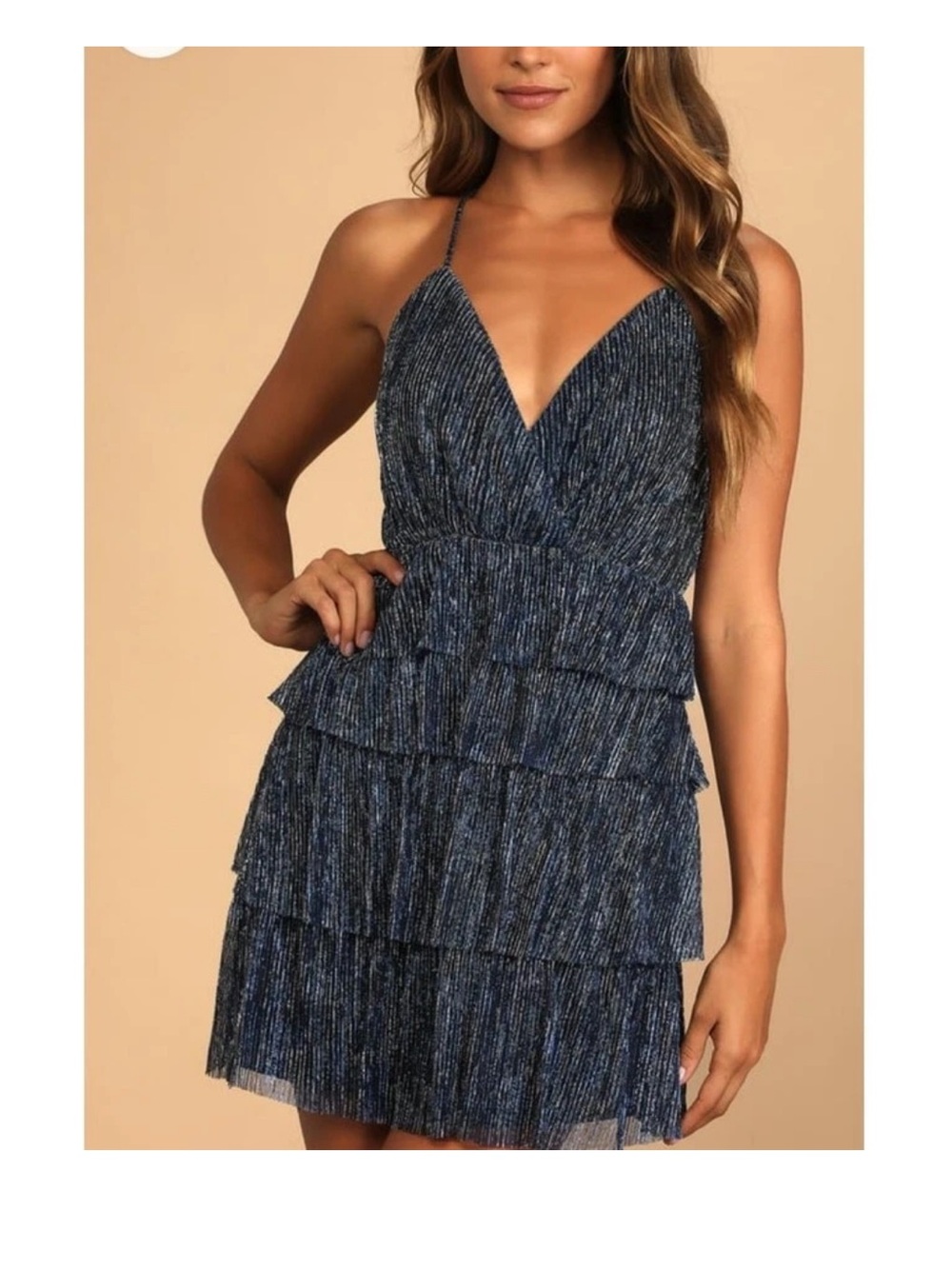 Lulu's Glowing Gorgeous Blue Multi Metallic Tiered Mini Dress Sparkle Size L